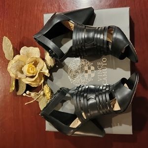 Vince Camuto Eames Woven Leather Cone Heel Sandles - Size 7W